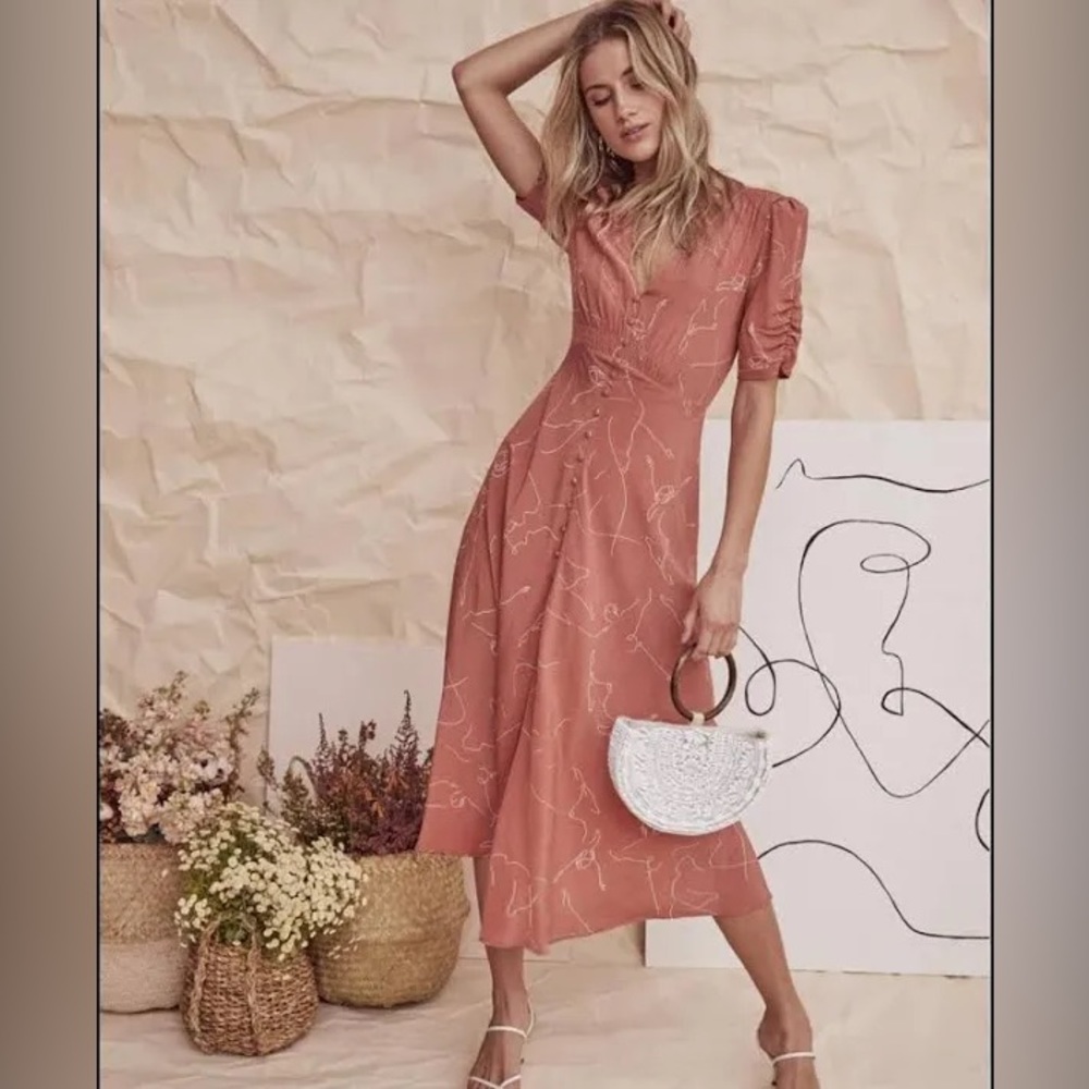 ASTR The Label Line Print Button Front Ruched Puff Sleeve Midi Dress